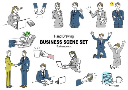 Rough hand-drawn business scene illustration setのイラスト素材