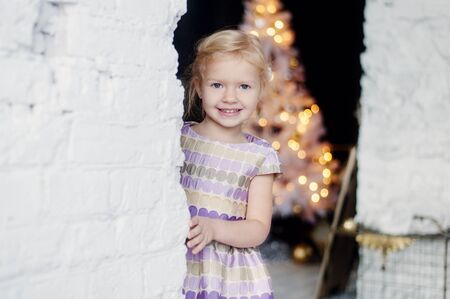 Christmas portrait of a little girl near Christmas treeの写真素材