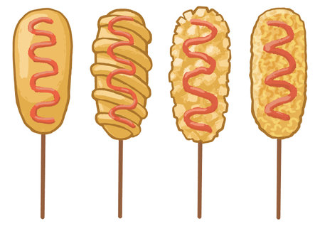 This is a set of illustrations of corn dogs with different flavors, including original, shaped, French fries and crispy noodles.のイラスト素材