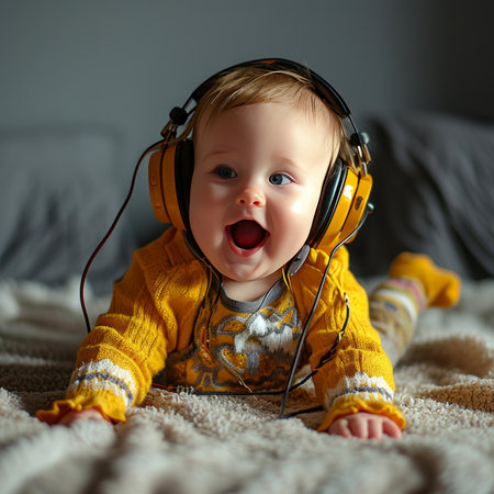 Adorable baby girl listening to music with headphones at home. Adorable child learning to walk.の素材