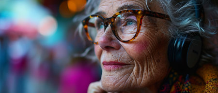Portrait of eccentric elderly woman listening to music on headphones.の素材