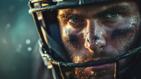 Close-up portrait of a serious American football player in helmet.の素材