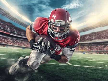 American football player in red jersey with ball on stadium. Mixed mediaの素材