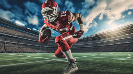 American football player in red jersey running with ball against american football stadiumの素材
