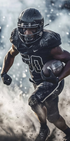American football player in action on the field. Motion blur effect.の素材