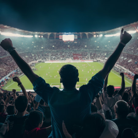 Silhouette of a football fan with hands raised at the stadium.の素材
