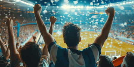 Cheering fans in the stands of the football stadium during the matchの素材