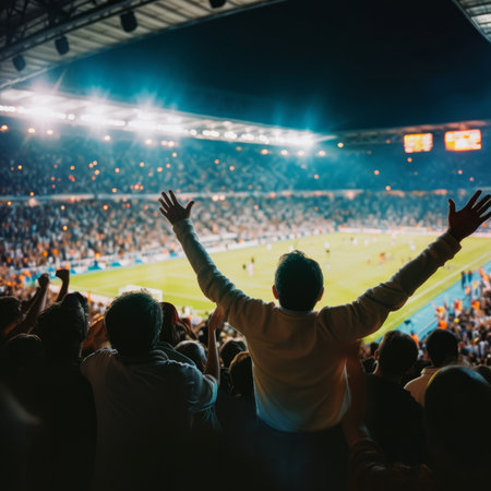 Crowd cheering at a soccer match with hands up in the airの素材