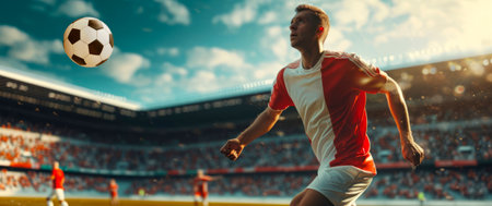 Soccer player in action on the field of stadium.の素材
