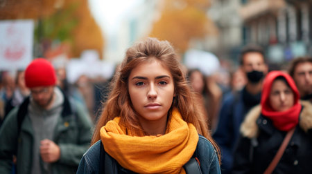 Portrait of a woman marching in protest with a group of people in city streetの素材