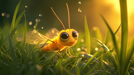 Cute orange firefly on green grass at sunset. 3d rendering.の素材