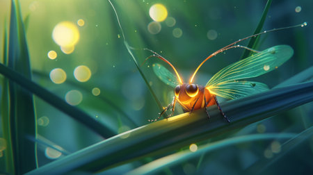 Firefly on green grass in the garden at sunset, close-up.の素材