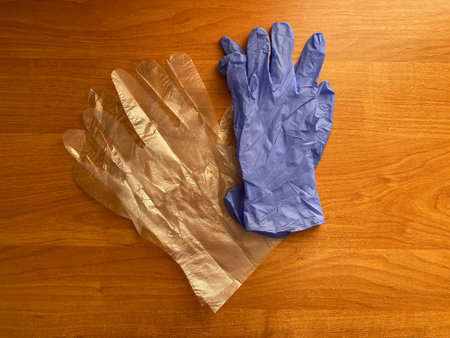 Blue latex gloves. Disposable plastic gloves is universal protection of the skin from dirt, dust and...