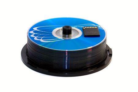 An  memory card and CD/DVD disk over white as information mediums