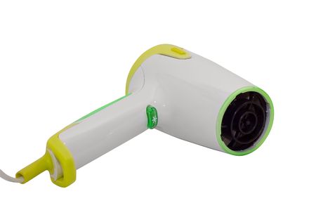 Stylish yellow and green hairdryer on whiteの写真素材