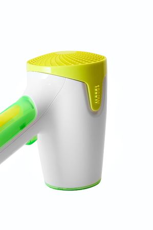 Stylish yellow and green hairdryer on whiteの写真素材