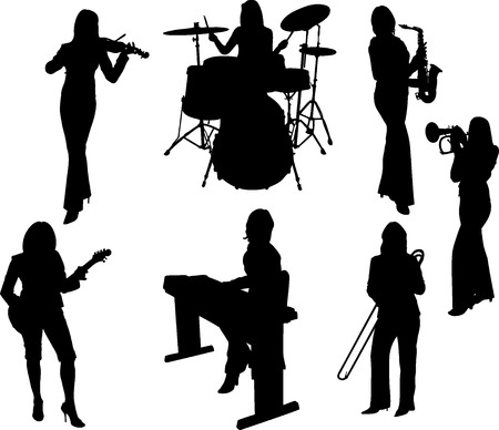 Vector Illustration: group of music girls silhouetteのイラスト素材