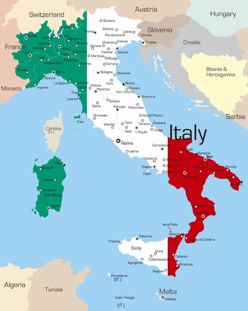 Abstract vector color map of Italy country coloured by national flag のイラスト素材