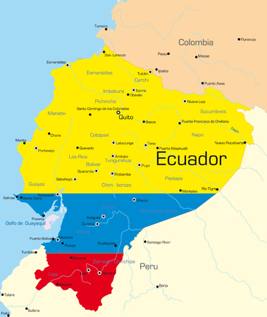 Abstract vector color map of Ecuador country colored by national flagのイラスト素材