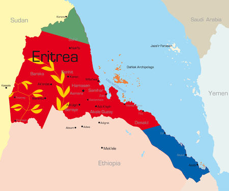 Abstract vector color map of Eritrea country colored by national flagのイラスト素材