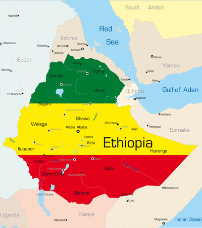 Abstract vector color map of Ethiopia country colored by national flagのイラスト素材