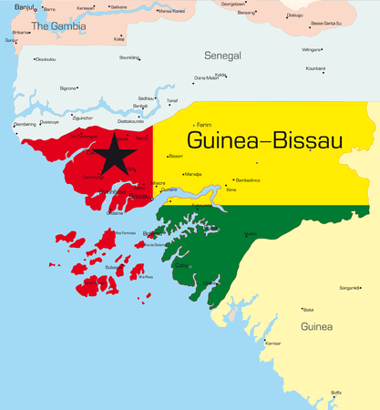 Abstract vector color map of Guinea-Bissau country colored by national flagのイラスト素材