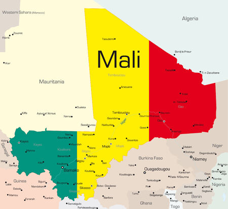 Abstract vector color map of Mali country colored by national flagのイラスト素材