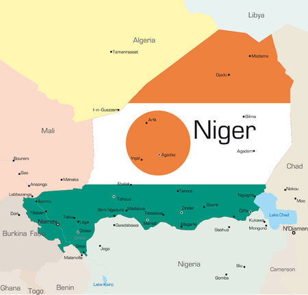 Abstract vector color map of Niger country colored by national flag\r\rのイラスト素材