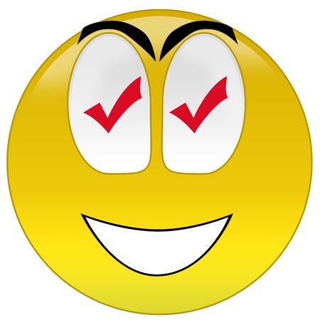 3d rendering happy smiley with checkmark signs at eyesの写真素材