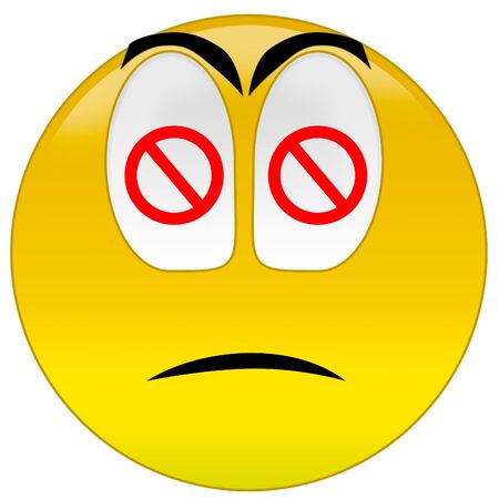 3d rendering sad smiley with restrictive signs at eyesの写真素材