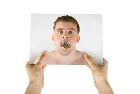Human hand hold photo of young man with many cigarettes in his mouth