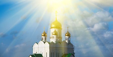 White Church on blue sky sunset backgroundの写真素材