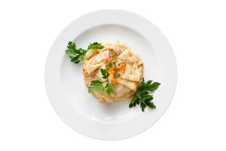  Pancakes with greenery on white plate isolated on whiteの写真素材