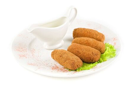 roasted cutlets of meat and lettuce isolated on a white