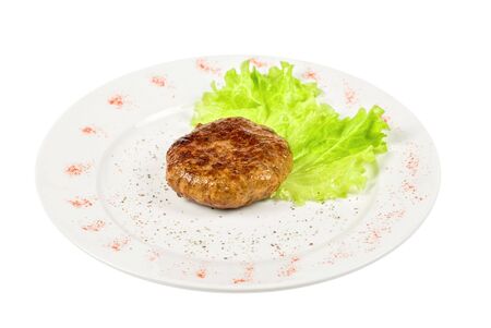 Beef cutlet closeup with lettuce on white plateの写真素材
