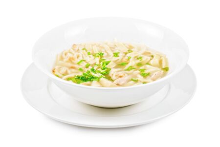 Chicken noodle soup isolated on a whiteの写真素材
