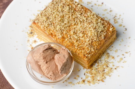 Dessert set of cake and ice-cream at plate