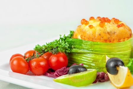 Tasty dish of salmon with omelette and philadelphia cheeseの写真素材