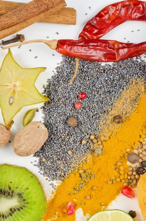 Colorful spices on a white background - beautiful kitchen image.の写真素材