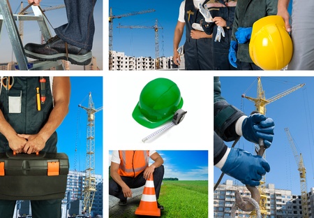workers with equipment on building background sets