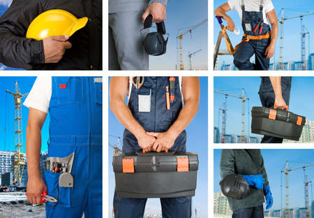 workers with equipment on building background sets