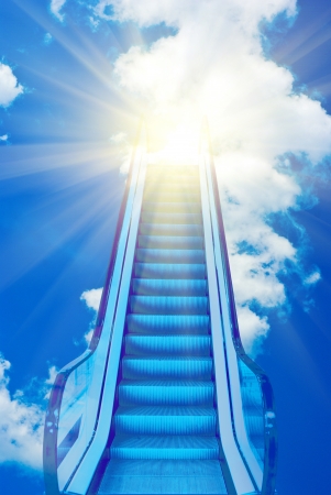 blue ladder to blue sky sunsetの写真素材