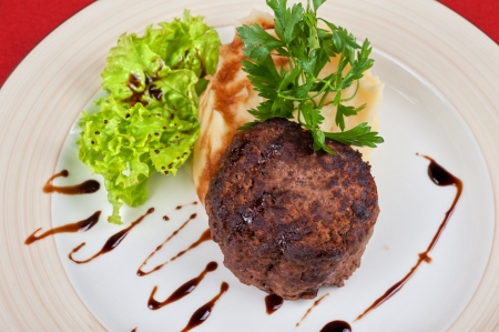 Fried meat steak with mashed potatoes, lettuce and greensの写真素材