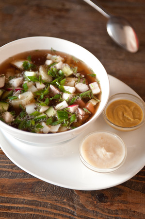Traditional Russian kvass soup with vegetables - okroshkaの写真素材