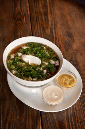 Traditional Russian kvass soup with vegetables - okroshkaの写真素材
