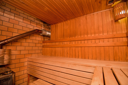 Interior of Finnish wooden saunaの写真素材