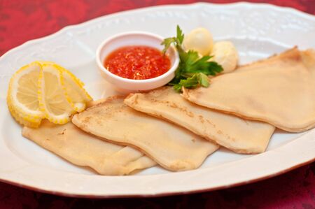 pancake with red caviar closeupの写真素材