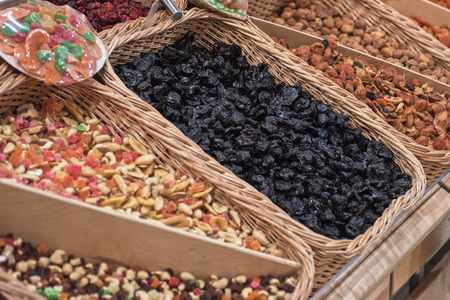 Counter with nuts in supermarket
