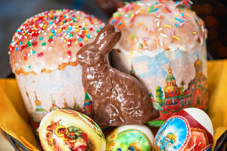 Easter eggs cake and bunny shape chocolateの写真素材