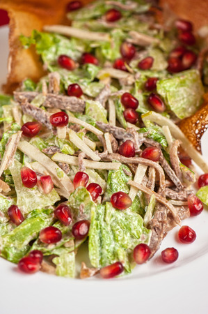 salad with meat  sauce and pomegranateの写真素材